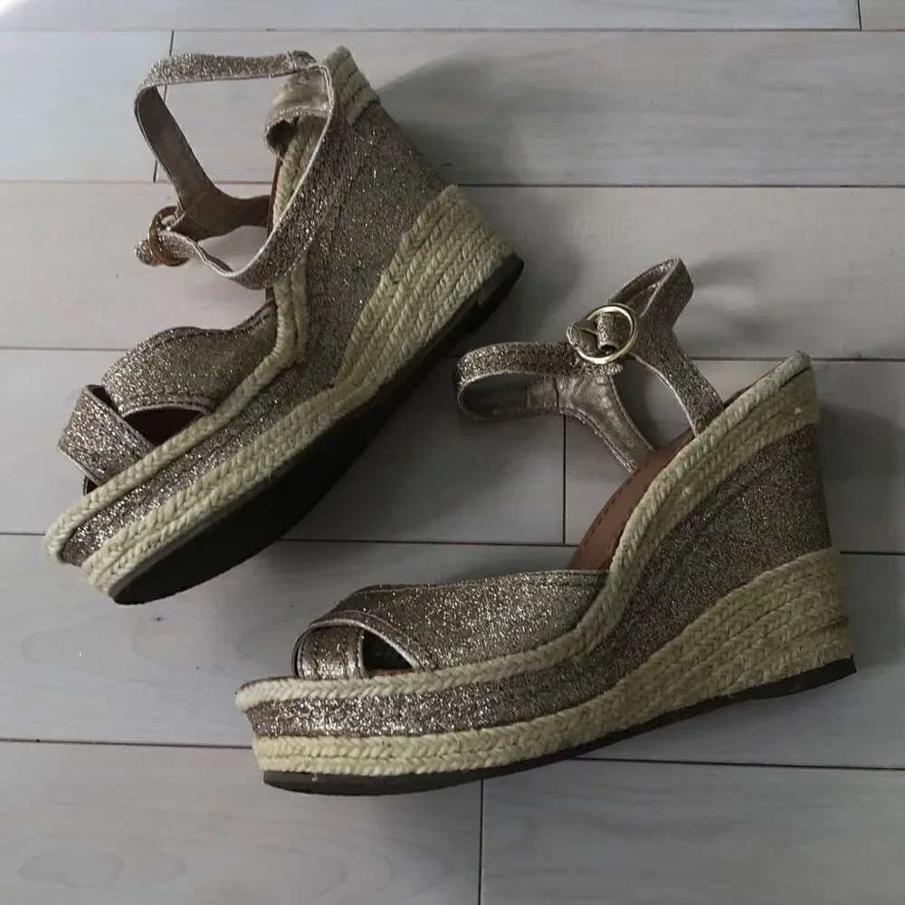 Nine West Women's Gold Sparkly Strappy Wedge Heels Size 9.5